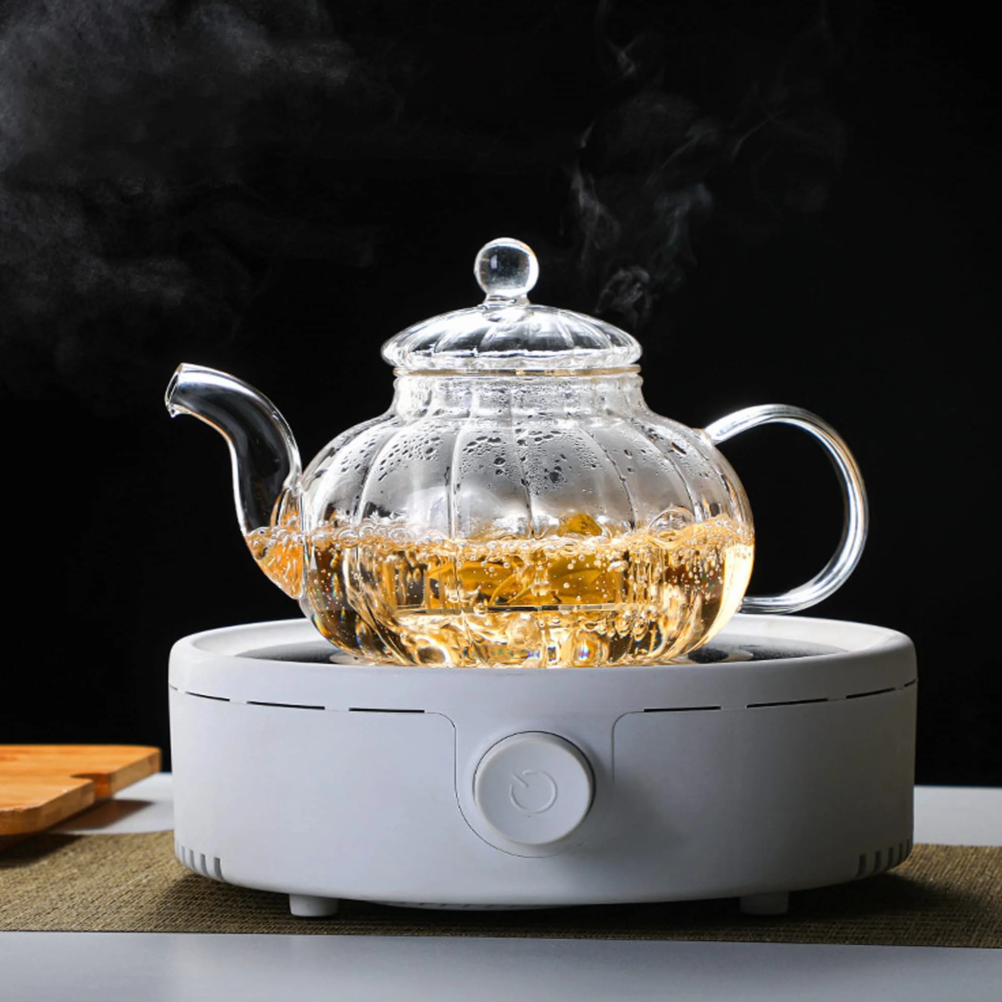 YUEMING Teiera in vetro a righe a forma di zucca, set da tè con filtro da 600 ml
