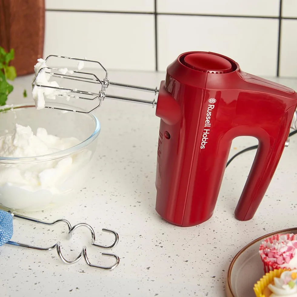Russell Hobbs Sbattitore Desire Rosso (5 velocità + funzione Pulse, 2 fruste e 2 ganci impastatori cromati lavabili in lavastoviglie, Supporto per ciotola e base d’appoggio, 350W)27152-56