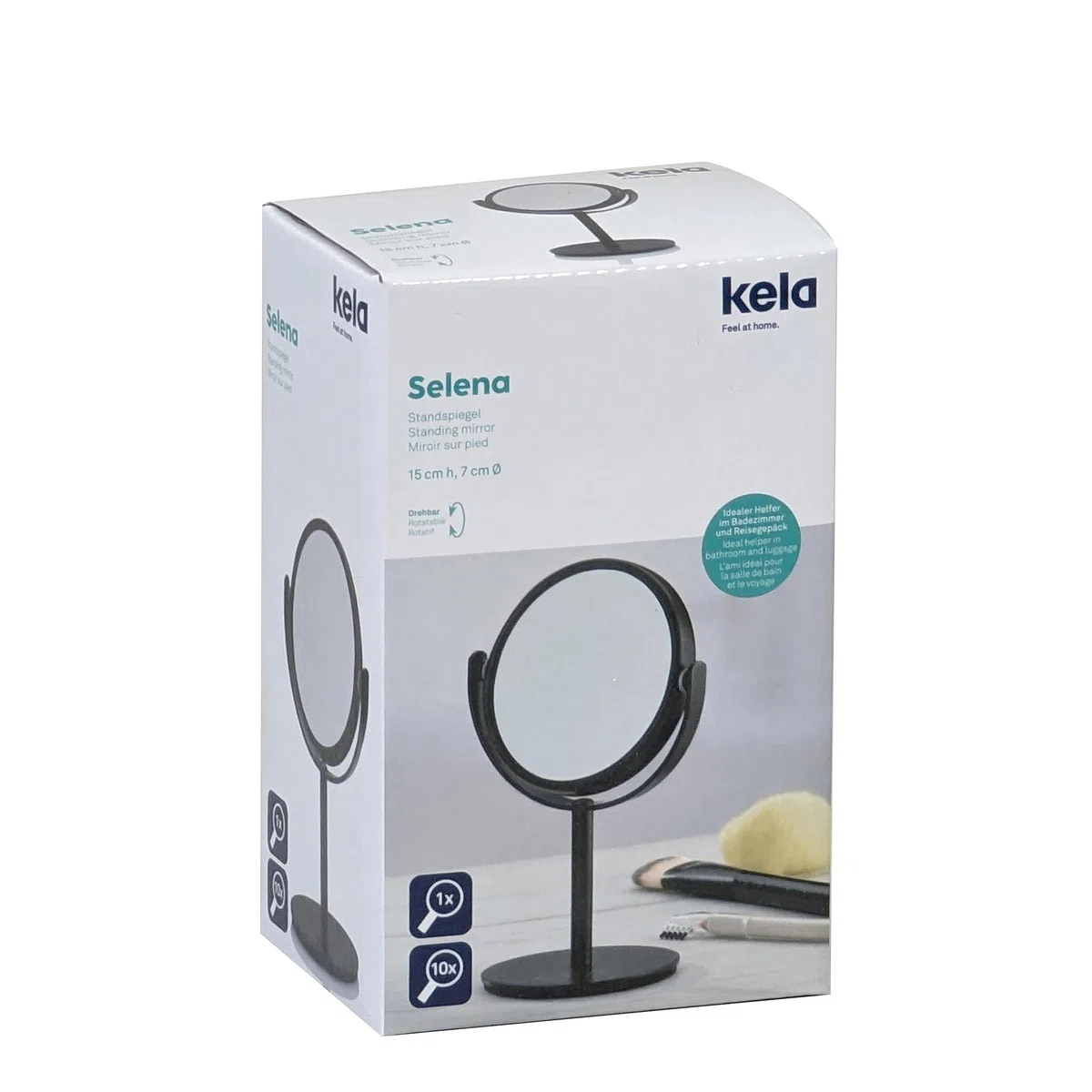 kela Specchio cosmetico nero con ingrandimento SELENA 7,5 cm, 1/10x, piccolo specchio da tavolo, metallo, specchio cosmetico, specchio da barba rotondo