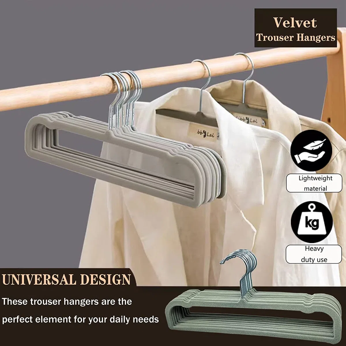 Grucce Pantaloni,10 Pezzi Appendiabiti per Pantaloni Salvaspazio,35cm Grande Antiscivolo Grucce per Pantaloni Velluto,Capacità di Carico Elevata Attaccapanni per Vestiti,Sciarpe, Asciugamani（Grigio）