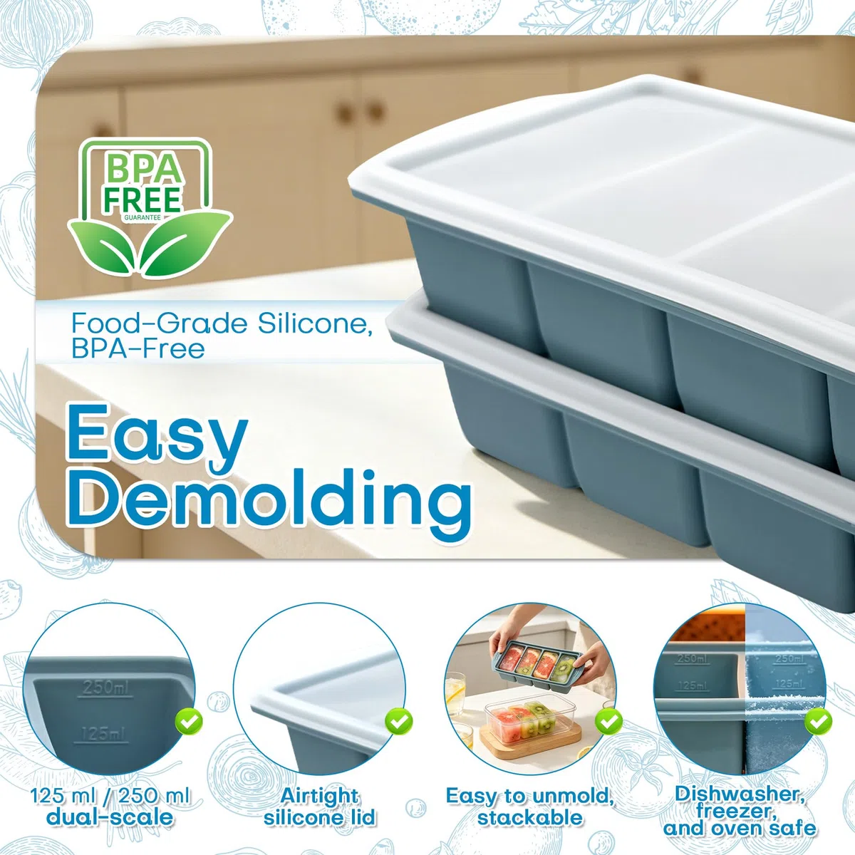 VEEKAY 2 Pezzi Stampo per Congelatore in Silicone con Coperchio, 4 Scomparti da 250 ml, Contenitore Impilabile senza BPA per Zuppa, Brodo, Salsa, Meal Prep