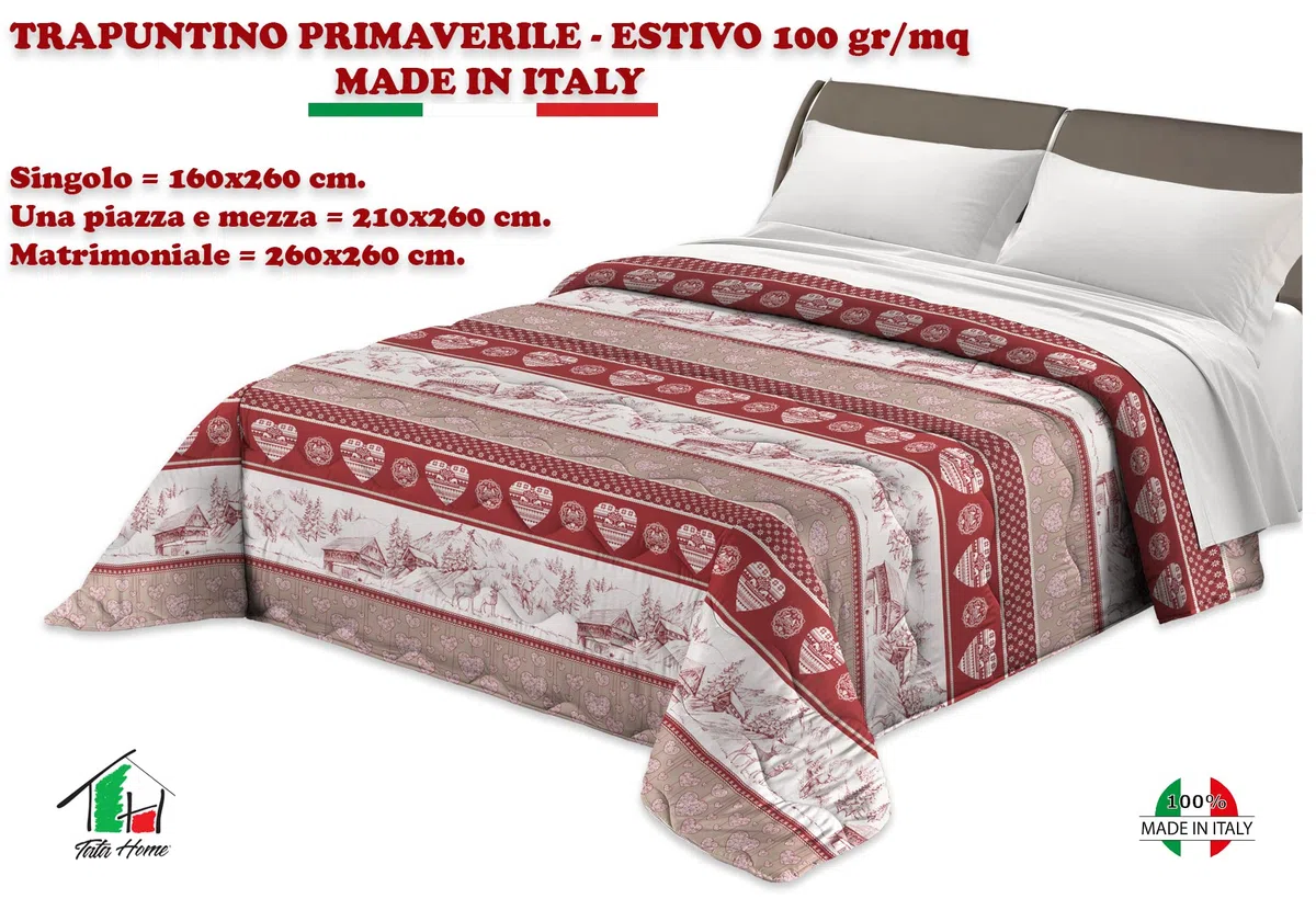 Tata Home Trapuntino Copriletto Trapuntato Primaverile Estivo 100 gr/mq Quilt Leggero Letto Singolo 160x260 cm Fantasia Tirolese Made in Italy MOD. Alpin