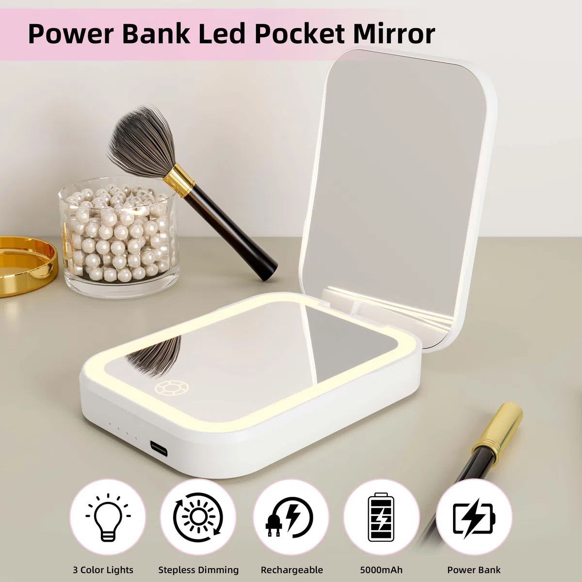 Specchio cosmetico con illuminazione a LED, specchio da trucco senza fili con power bank 5000 mAh, specchio da trucco ricaricabile 2 in 1, portatile per casa e viaggio