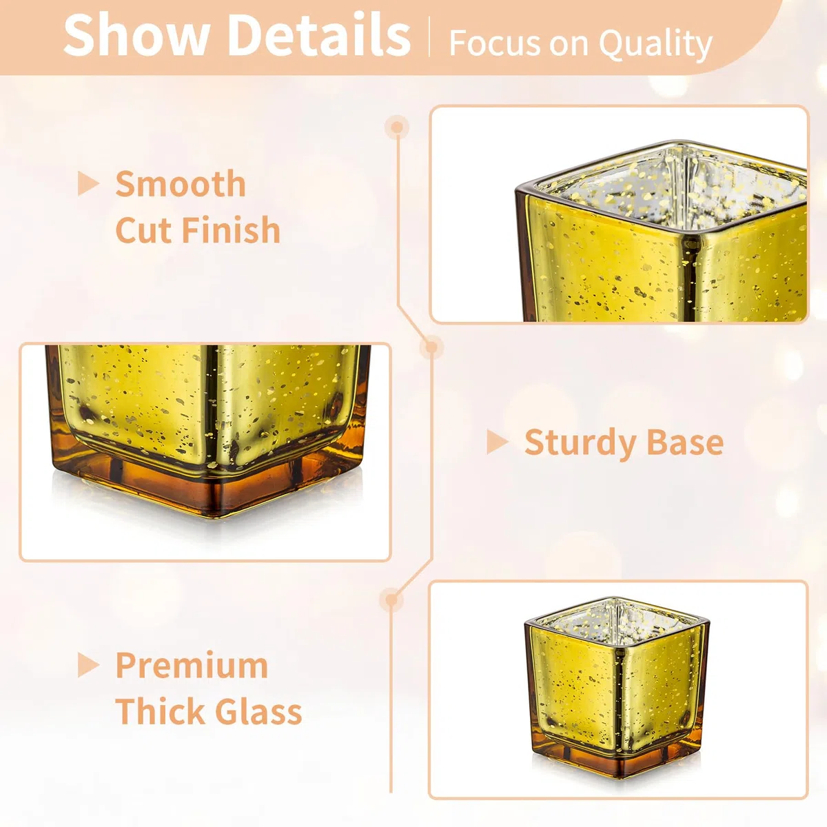 Nuptio Portacandele Oro 24 Portacandele Votive di Vetro Sfuse, Piccole Candele Galleggianti Quadrate per Camera da Letto, Soggiorno, Matrimoni, Ricevimenti, Centrotavola, Feste di Compleanno