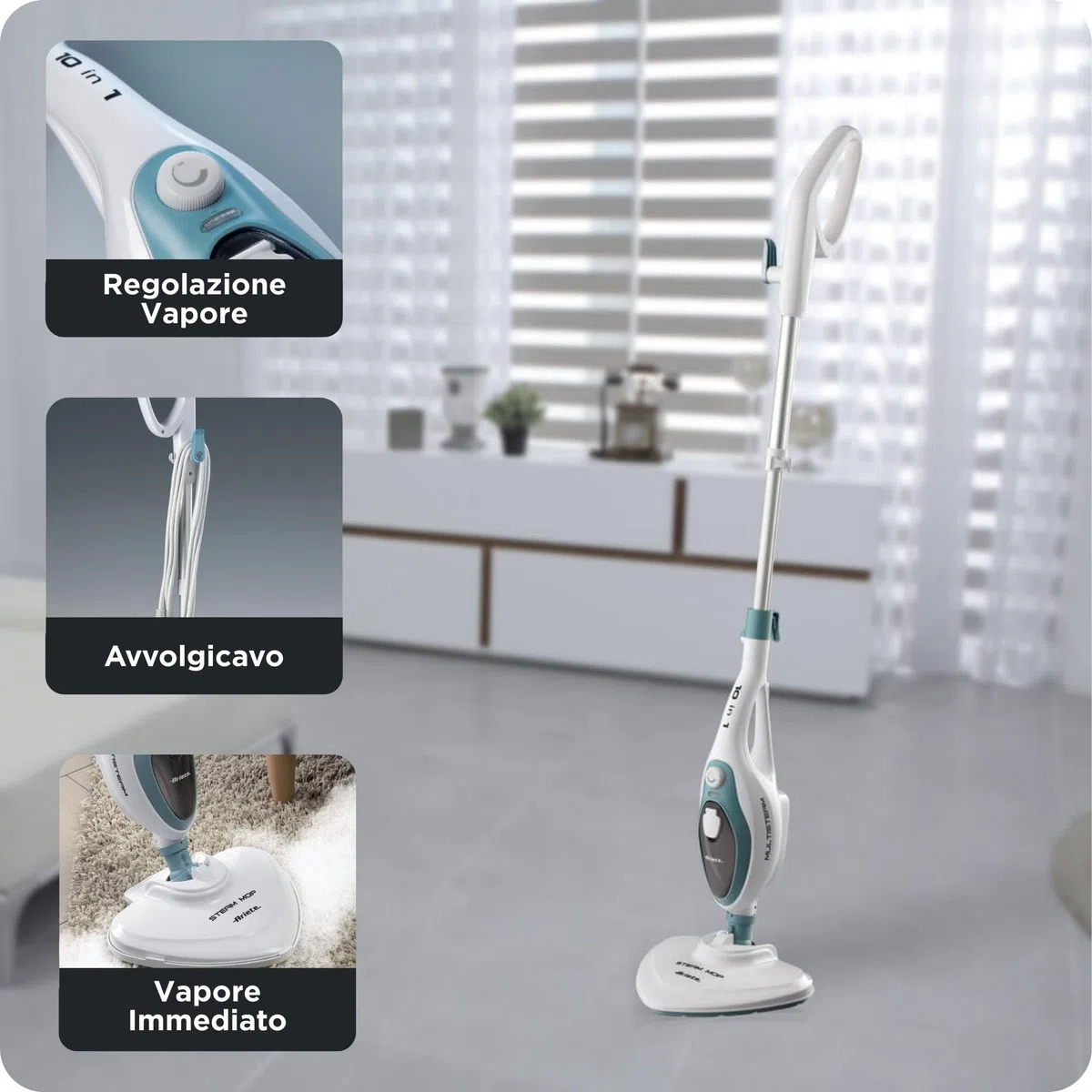 Ariete 4164 Steam Mop 10in1, Scopa Lavapavimenti a Vapore, 1500 W, Capacità 350 L, Vapore Immediato, Autonomia, Testa Snodabile, Bianco/Azzurro