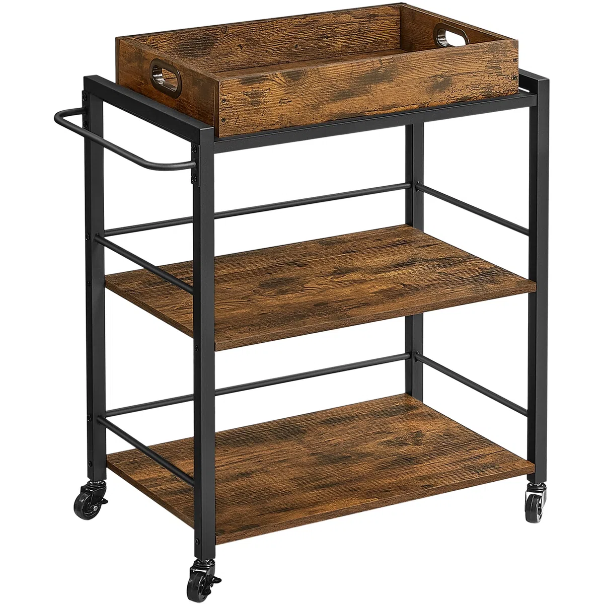 VASAGLE Carrello da Cucina con Vassoio Rimovibile, Carrello Portavivande Fisso o con Ruote, Struttura in Acciaio, Scaffale Cucina 40 x 72 x 86 cm, Marrone Vintage e Nero Inchiostro LRC72X