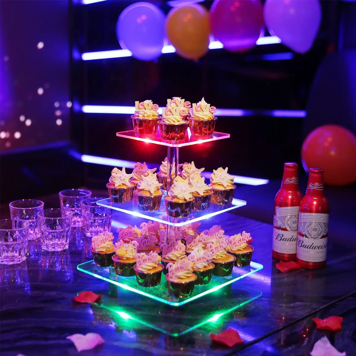 3 Piani Cupcake Stand, Ulifeme LED Ricaricabile Alzata, Supporto per Esposizione di Dolci Trasparente Quadrato, Torre di Cupcakes per Natale, Matrimoni, Anniversari, Feste Prenatalizie e Compleanni