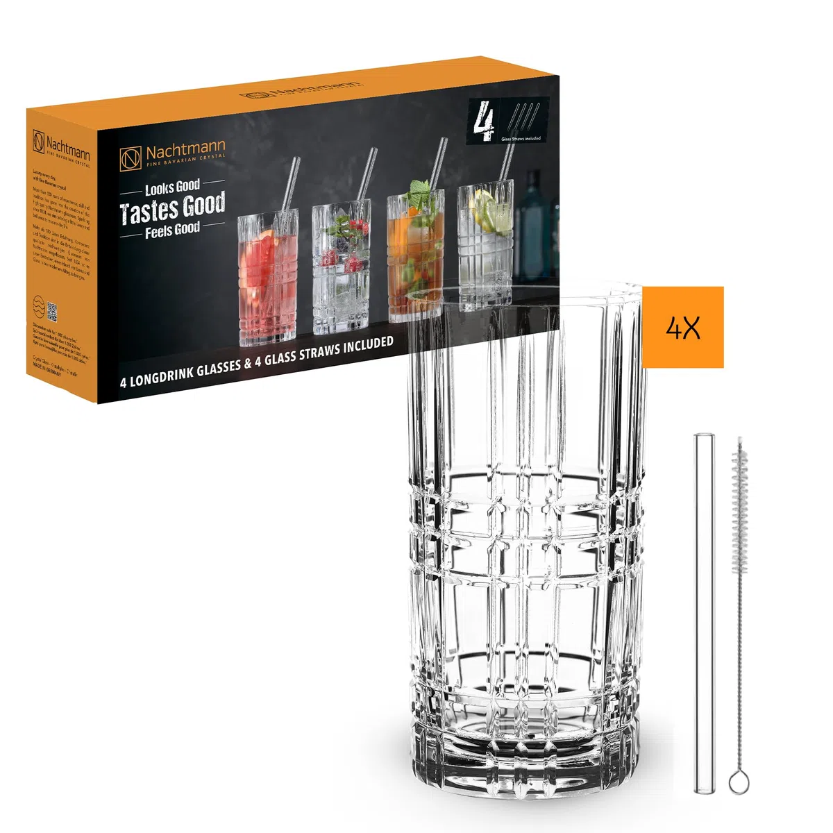Nachtmann Bicchieri da long drink da 445 ml, 4 pezzi, con 4 cannucce di vetro e 1 spazzola per la pulizia, Tastes Good, 103144, bicchieri da cocktail in vetro di cristallo, bicchieri lavabili in