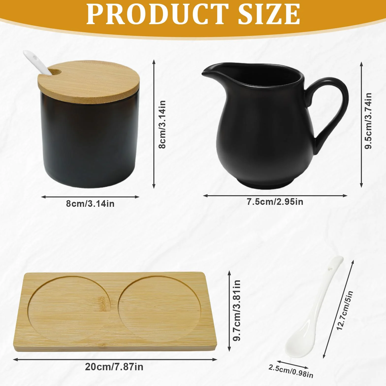 Set di latte e zucchero con coperchio e cucchiaio, bricco per latte in ceramica e zuccheriera con vassoio in legno, set per caffè, latte e latte lavabile in lavastoviglie (nero)