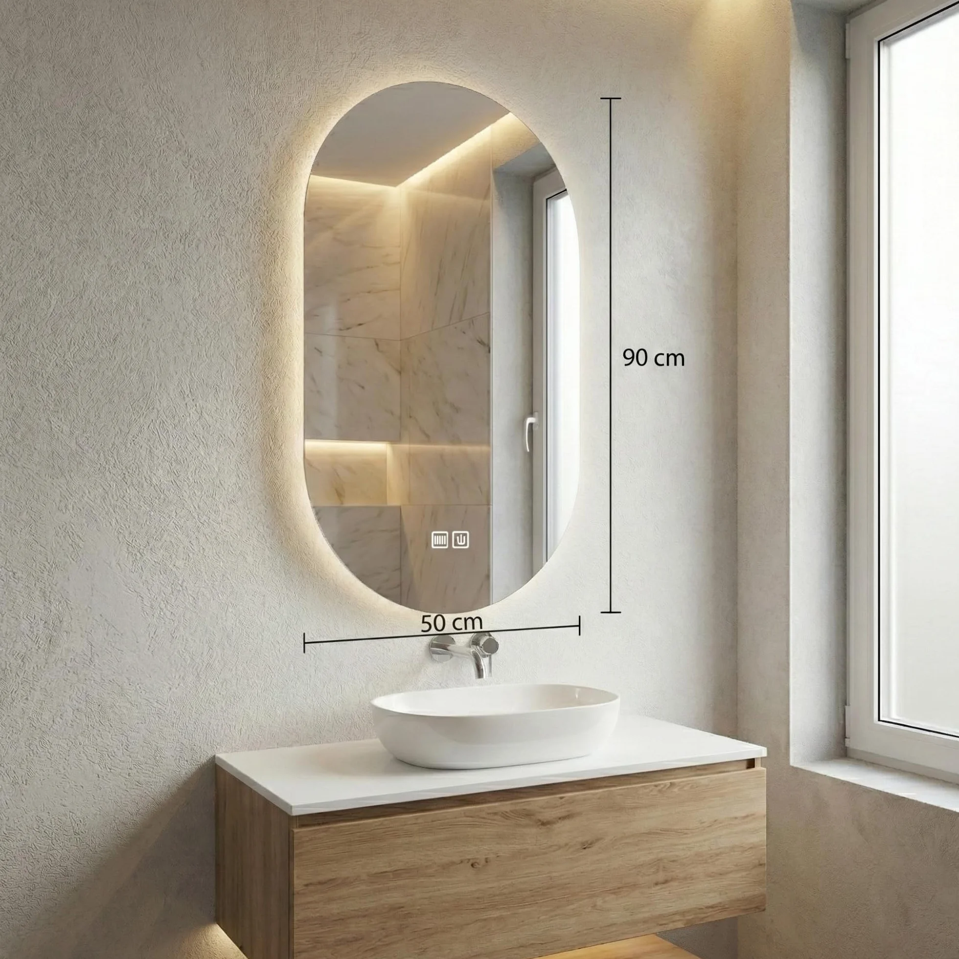 Bayt Specchio da bagno - Specchio da parete ovale con illuminazione - Antiappannamento - 2 modalità di illuminazione - 50x90cm - bianco