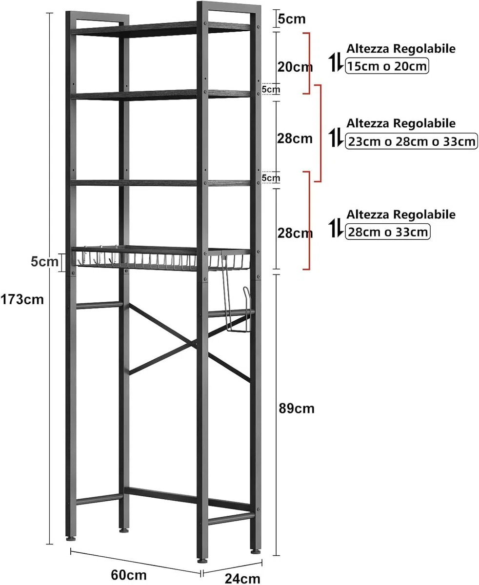 Kalrin Scaffale da Bagno, Scaffale Multifunzionale Regolabile a 4 Livelli, Scaffale Sopra il WC con Cestini, Scaffale Salvaspazio, Facile da Montare - Marrone Vintage