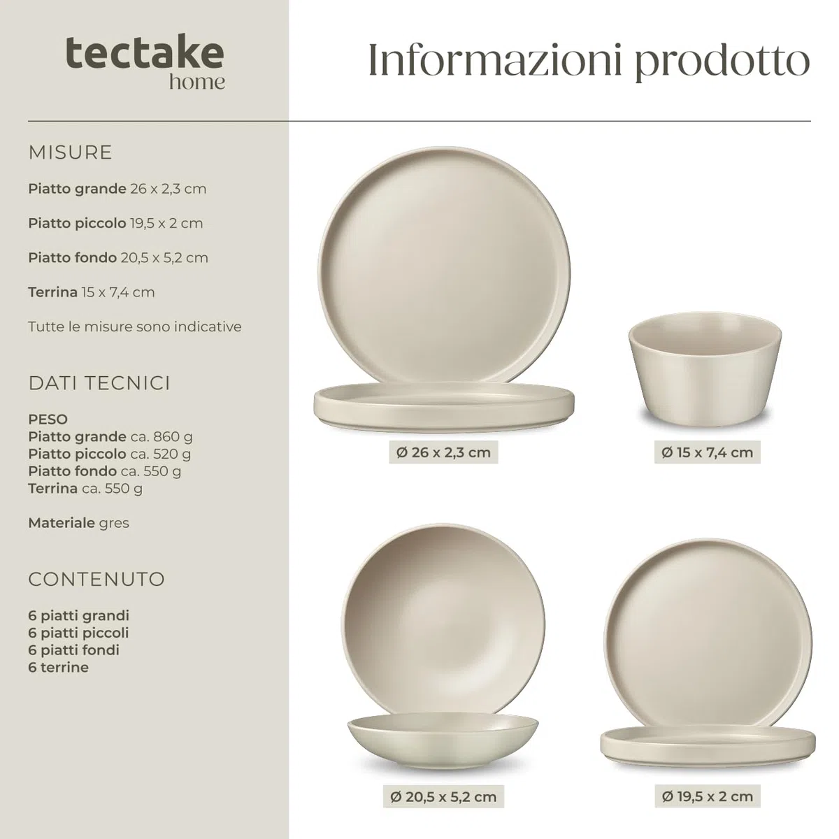 tectake® Set stoviglie 24 pezzi terracotta, servizio piatti 6 persone, set piatti moderni grandi, piccoli, fondi, ciotole, gres smaltato, design moderno, adatto lavastoviglie microonde - Tortora
