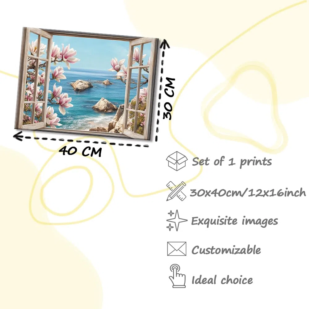 PIY PAINTING Wasserfront Szene Spiaggia Quadri Moderni Soggiorno Stampe Da Parete Mare e Finestra Disegno Su Tela Fiore Immagine Pittura Dipinto Quadro Con Cornice Decorazione Camera Da Letto 30x40 cm
