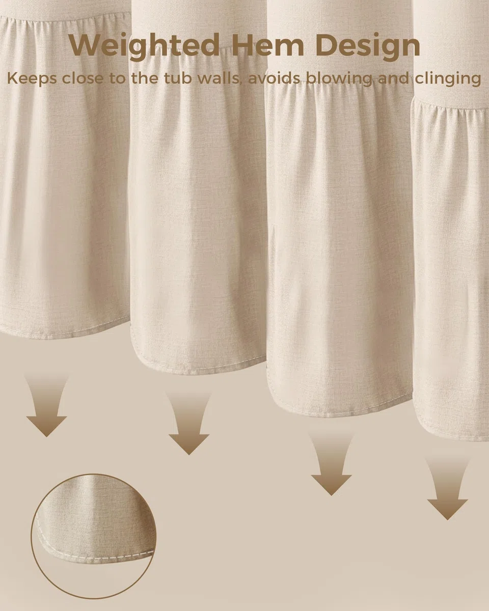 Tenda da Doccia in Lino Beige 180x200 cm – Impermeabile, Antimuffa e Antibatterica, Tessuto Pesante 180GSM con Orlo Zavorrato, Lavabile Tenda da doccia, con 12 Ganci per Bagno