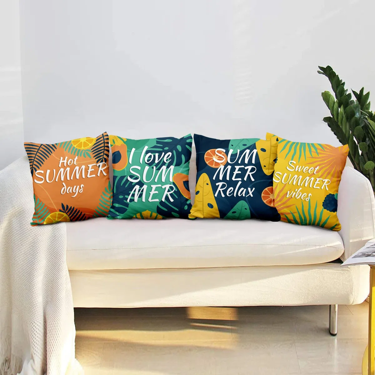Aoihrraan 50x50cm Set di 4 Federe Cuscini Giornata Estiva Foglie Tropicali Arancia Morbido Peluche Corto Quadrato Copricuscini Divano Casa Decorazioni Agriturismo All'Aperto Terrazza Giardino Divano