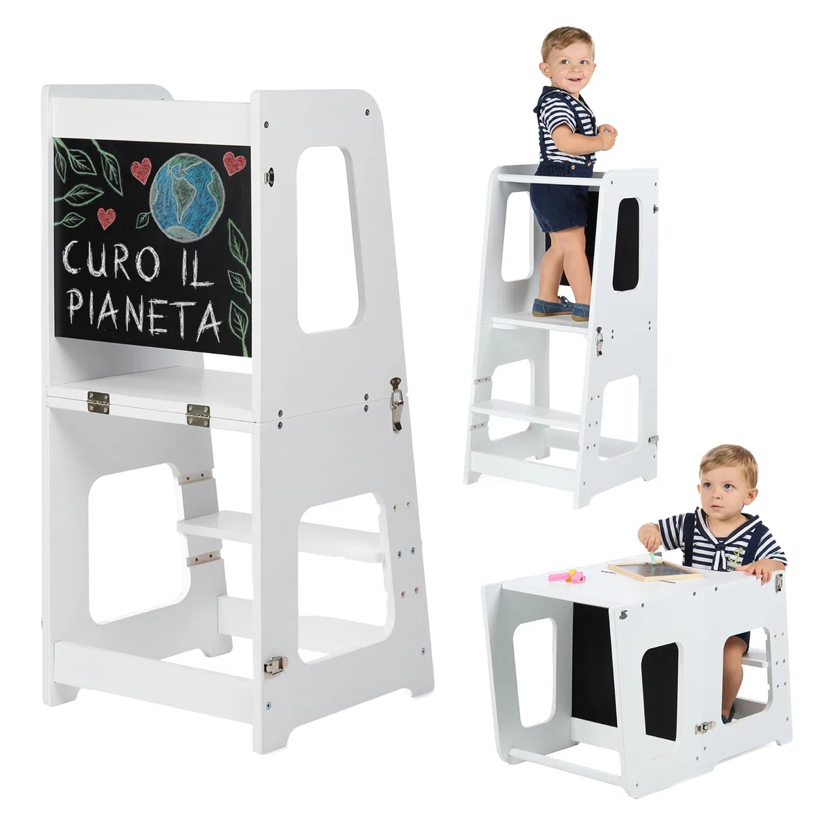 Torre Montessoriana Bambini Premium 3 en 1 Convertibile in Scrivania e Sgabello - Torre Montessoriana Pieghevole - Azienda Sostenibile Impegnata nella Riforestazione, Struttura Solida (Bianco)