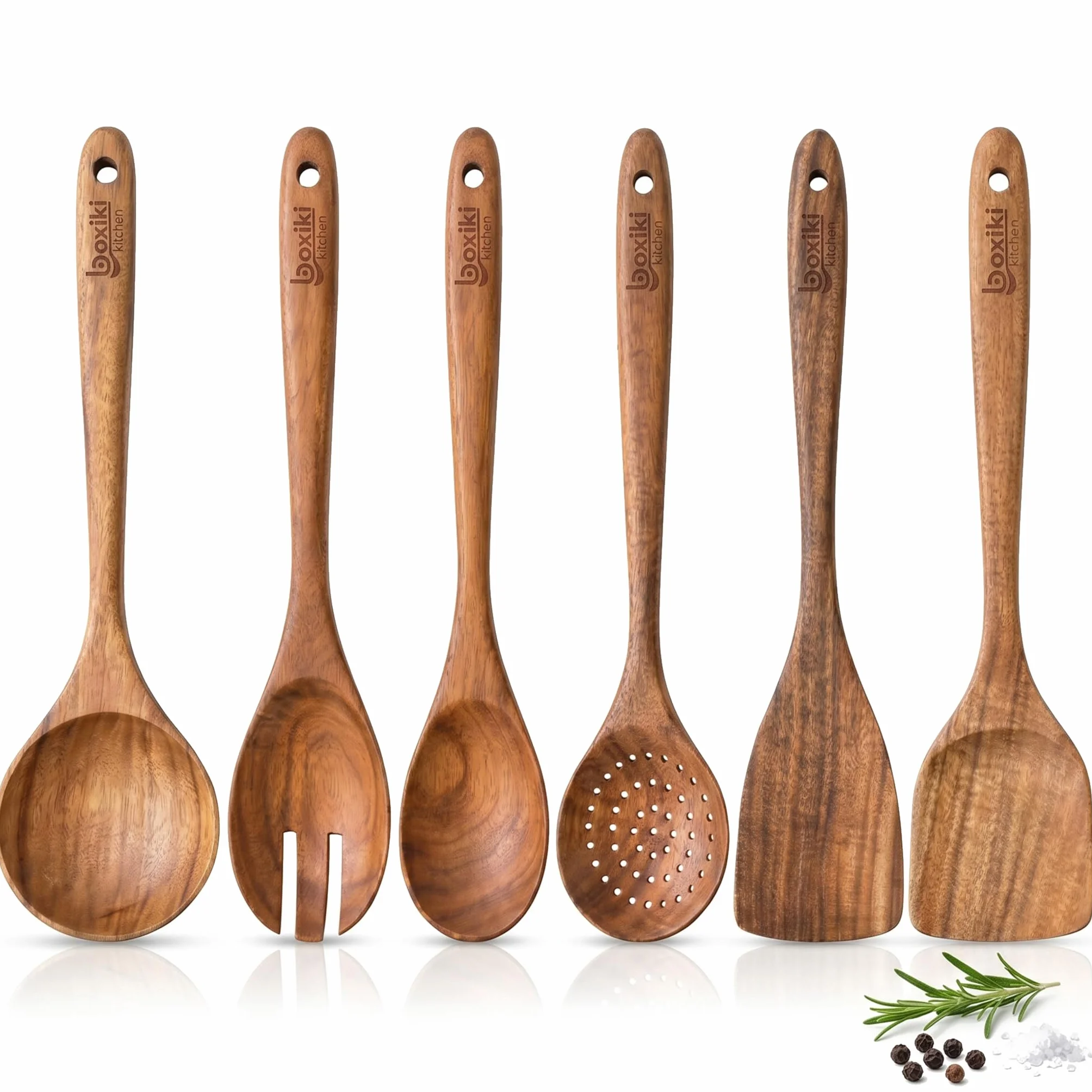 Set di Utensili in Legno di Teak di Lusso - Elegante Ensemble da Cucina da 6 Pezzi Inclusi Cucchiai, Mestolo, Raschietto & Spatola - Realizzato con Maestria per l'Eccellenza Culinaria