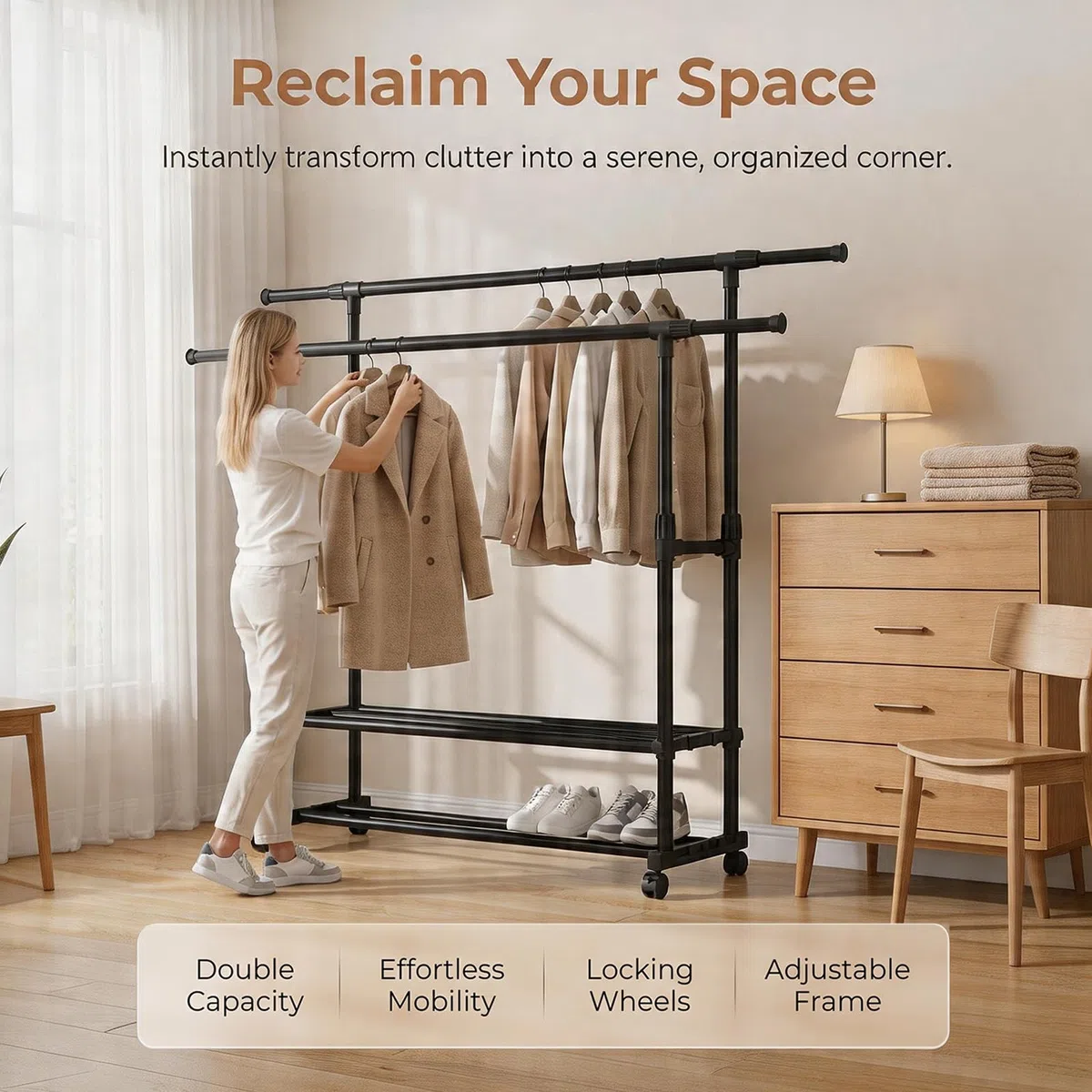 Appendiabiti da Terra con Ruote, Doppio Stand Appendiabiti Robusto in Metallo, Porta Abiti con 2 Ripiani per Scarpe Regolabile in Altezza per Camera da Letto Lavanderia Ingresso (90-150)x42x(95-155)cm