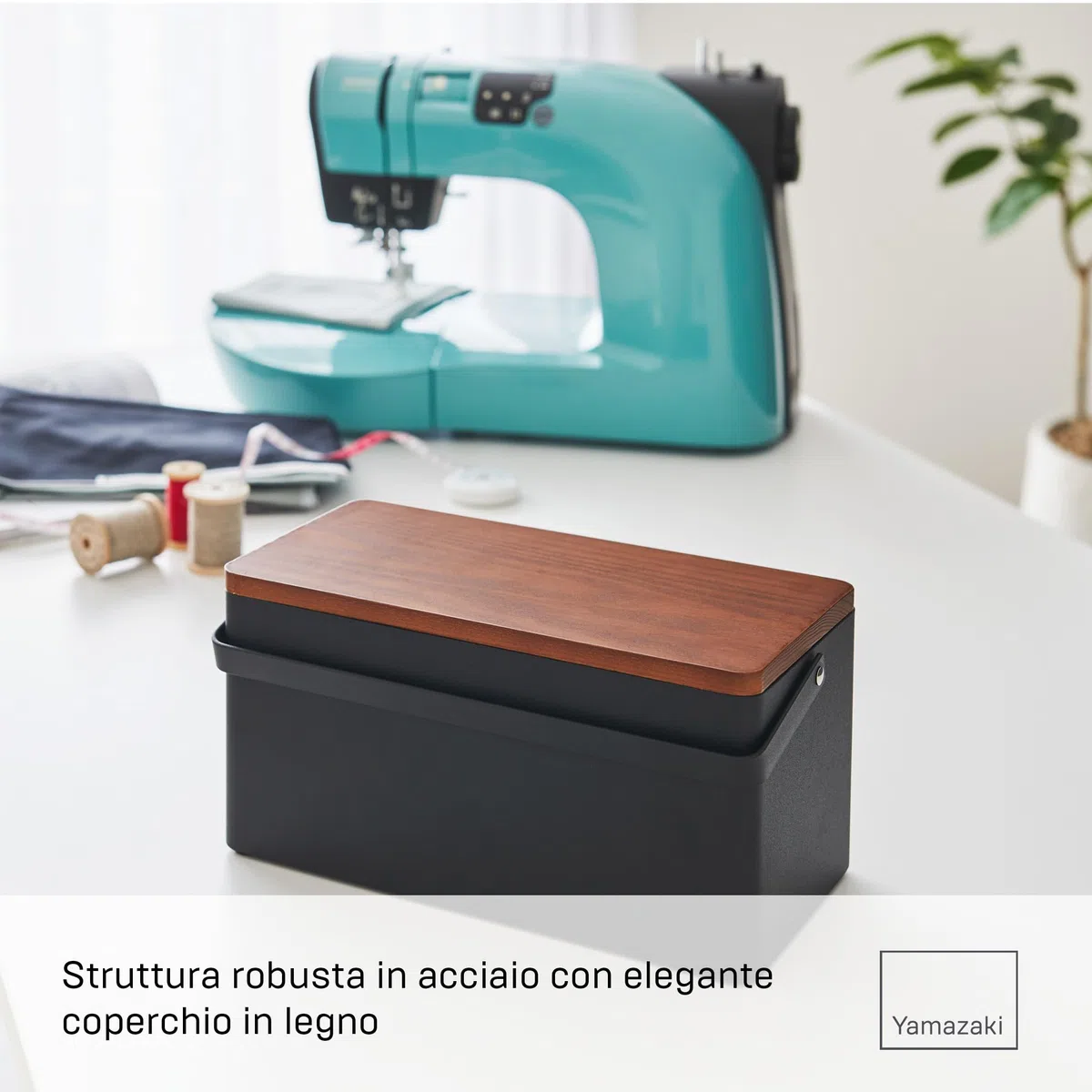YAMAZAKI 5061 TOWER Sewing Box, black, Steel/Wood/ABS Resin/Cotton/Polyester, 27 x 14 x 13.5 cm