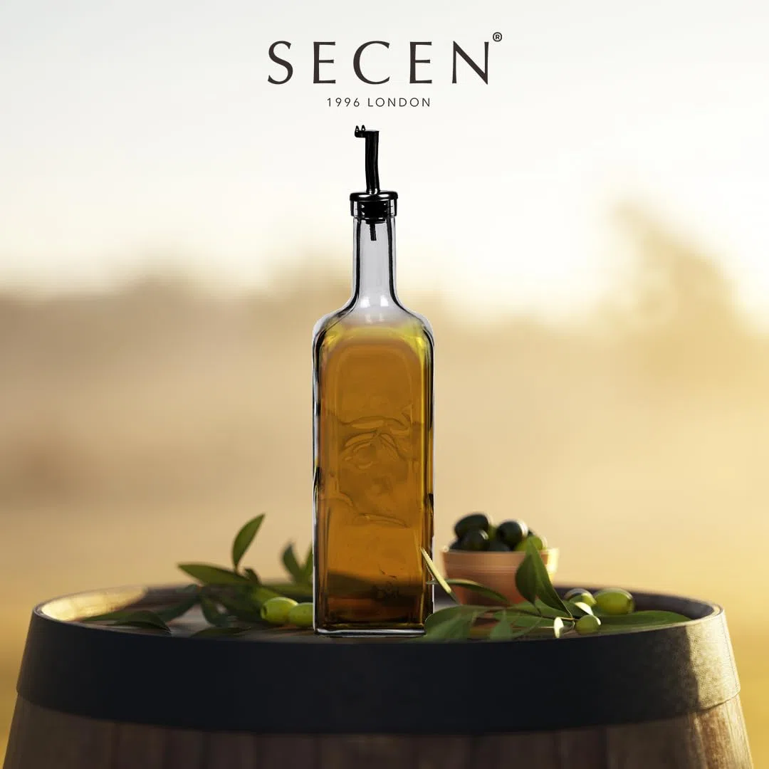 Secen LONDON - Oliera in vetro da 1 litro, con design decorativo, lavabile in lavastoviglie, in acciaio inox per alimenti, 1000 cc