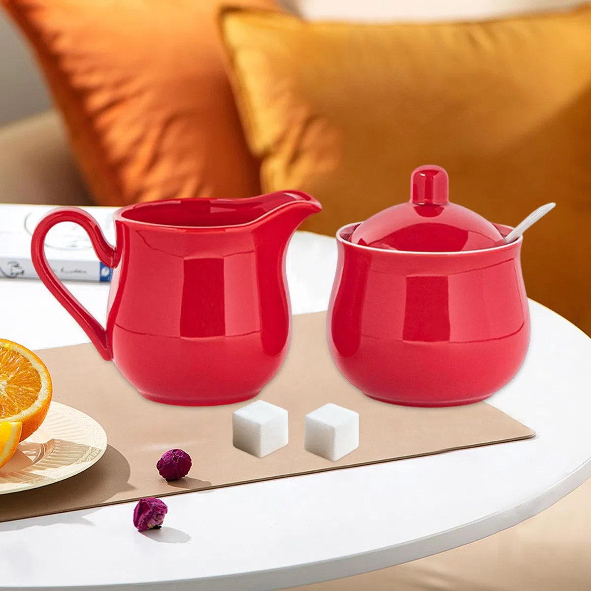 Milageto Set per zucchero e panna in ceramica, set per servire il caffè, durevole, brocca per panna, pratica ed elegante, accessori per uso domestico, brocca, Rosso