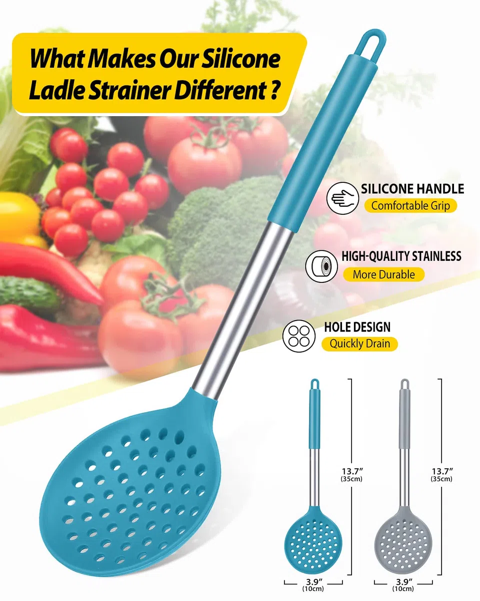 Set di 2 Schiumarola Silicone Alta Resistenza Al Calore, senza BPA, antiaderenti, per scolarli e friggere (grigio e blu)