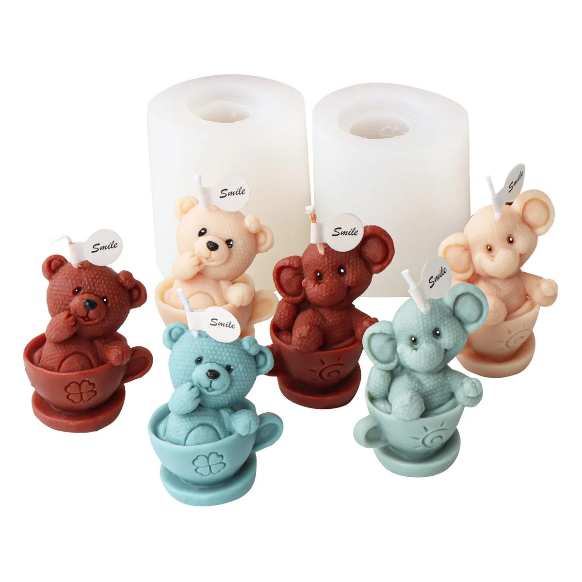 Xidmold 2 pezzi tazza elefante orso candela stampo 3D animale elefante orso stampo in silicone per fondente, cera di soia, sapone, gesso, resina epossidica, artigianato