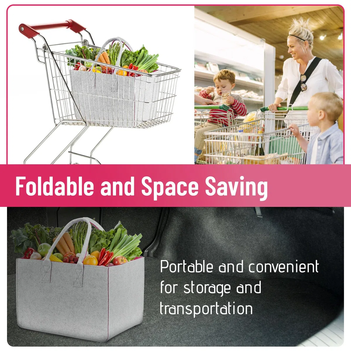 2 Pezzi Cestino per la Spesa Grande in Feltro 30L, Cesto Stabile per la Spesa 40x27x27 cm, Borsa per la Spesa Pieghevole per Supermercato, Casa e Auto, Leggera, Resistente e Riutilizzabile
