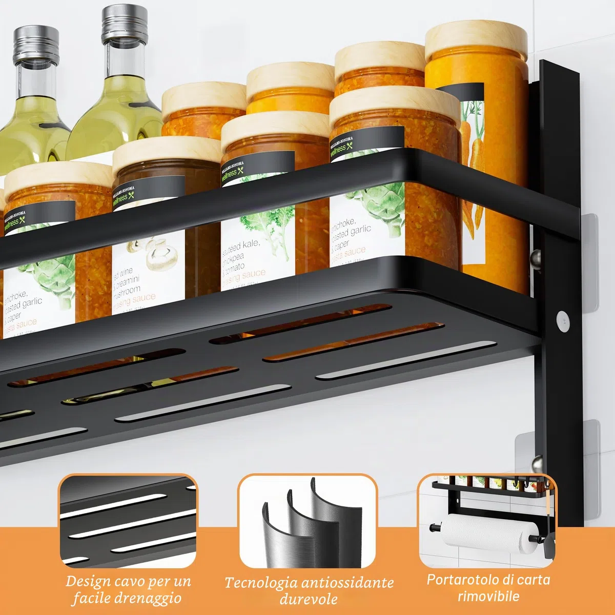Porta Spezie per Cucina con Porta Rotolo da Cucina e 4 Ganci –Portaspezie da Parete Senza Forature per Organizzare e Risparmiare Spazio in Cucina