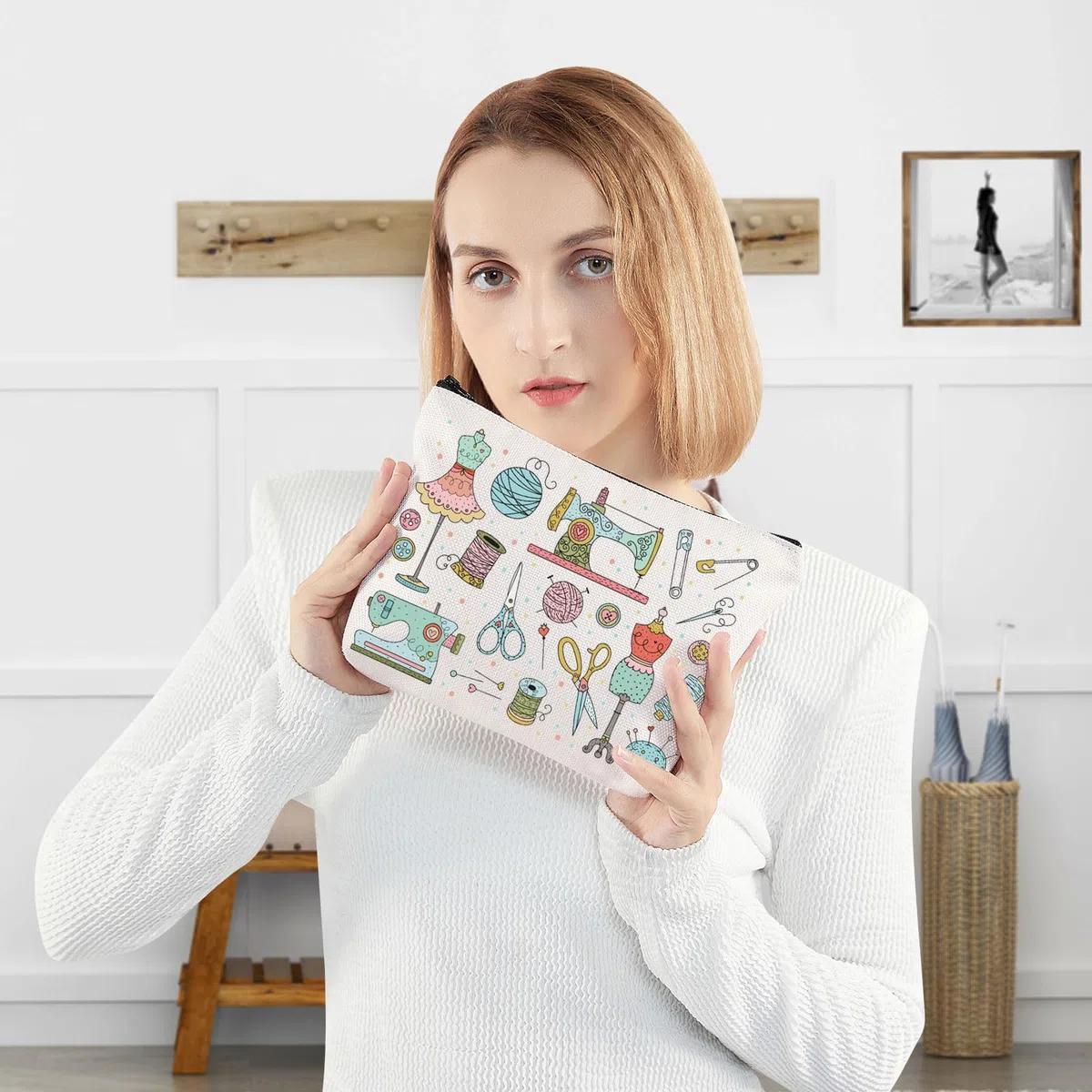 WZMPA Divertente borsa per il trucco da cucito per macchina da cucire regalo strumenti da cucito in tela con cerniera borsa da sarta quilters regalo