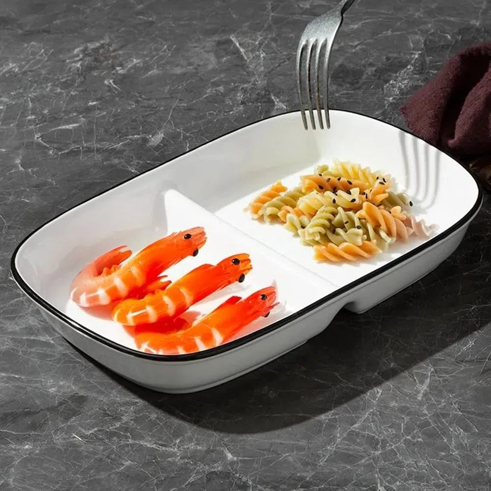 Piatto Scomparti Porcellana, Piatto Due Scomparti Dieta Ceramica, Piatto Porzioni per Snack, insalata, Dessert, Spaghetti, Bistecca