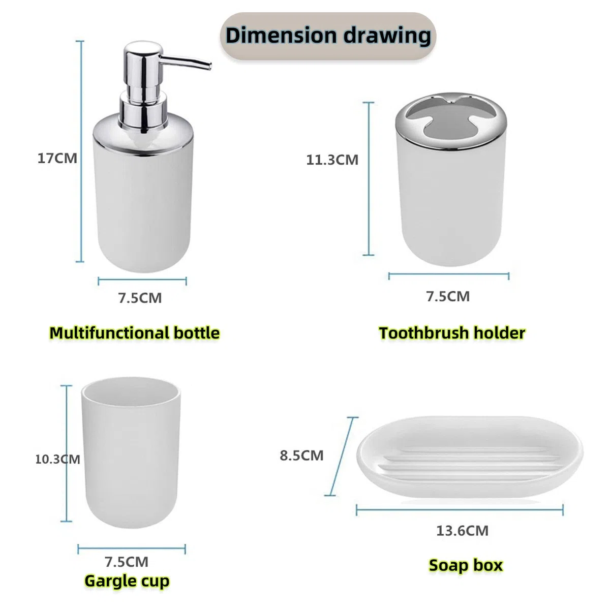 Set di 4 accessori da bagno con dispenser per sapone, tazza da bagno, portasapone, portaspazzolino e dentifricio (bianco)