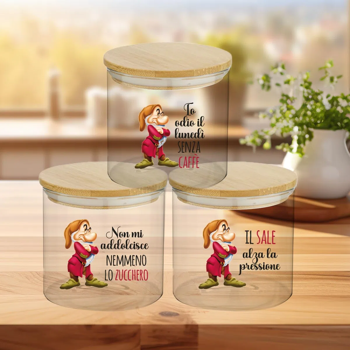 Generico Set di 3 Barattoli Trasparenti in Vetro per Sale, Zucchero e Caffè - Rustico Elegante - Idea Regalo per Arredare e Decorare la Cucina - Piccolo
