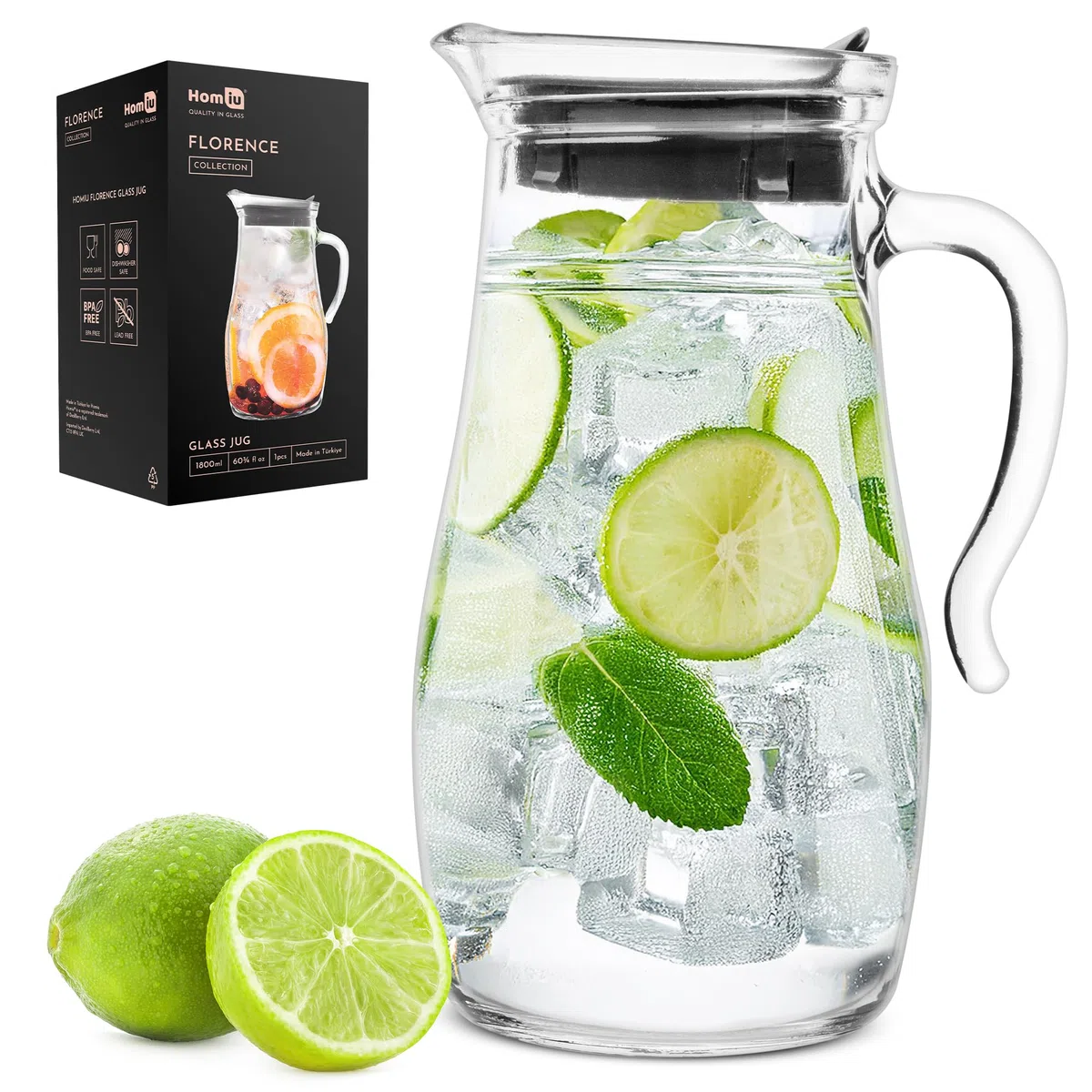 Homiu Brocca per acqua in vetro da 1,8 l, brocca in vetro con coperchio, caraffa in vetro con coperchio, caraffa per tè freddo, acqua calda, fredda, vino, caffè, latte e succhi di frutta, caraffa per