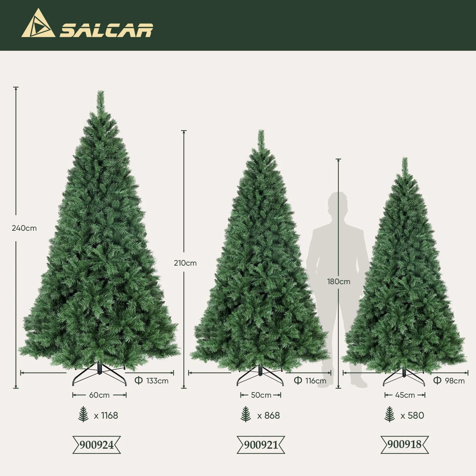 SALCAR Albero di Natale Artificiale 180 cm, Abete di Natale con Guanti e Supporto in Metallo, 580 Punte per Rami, Montaggio Rapido, Ignifugo