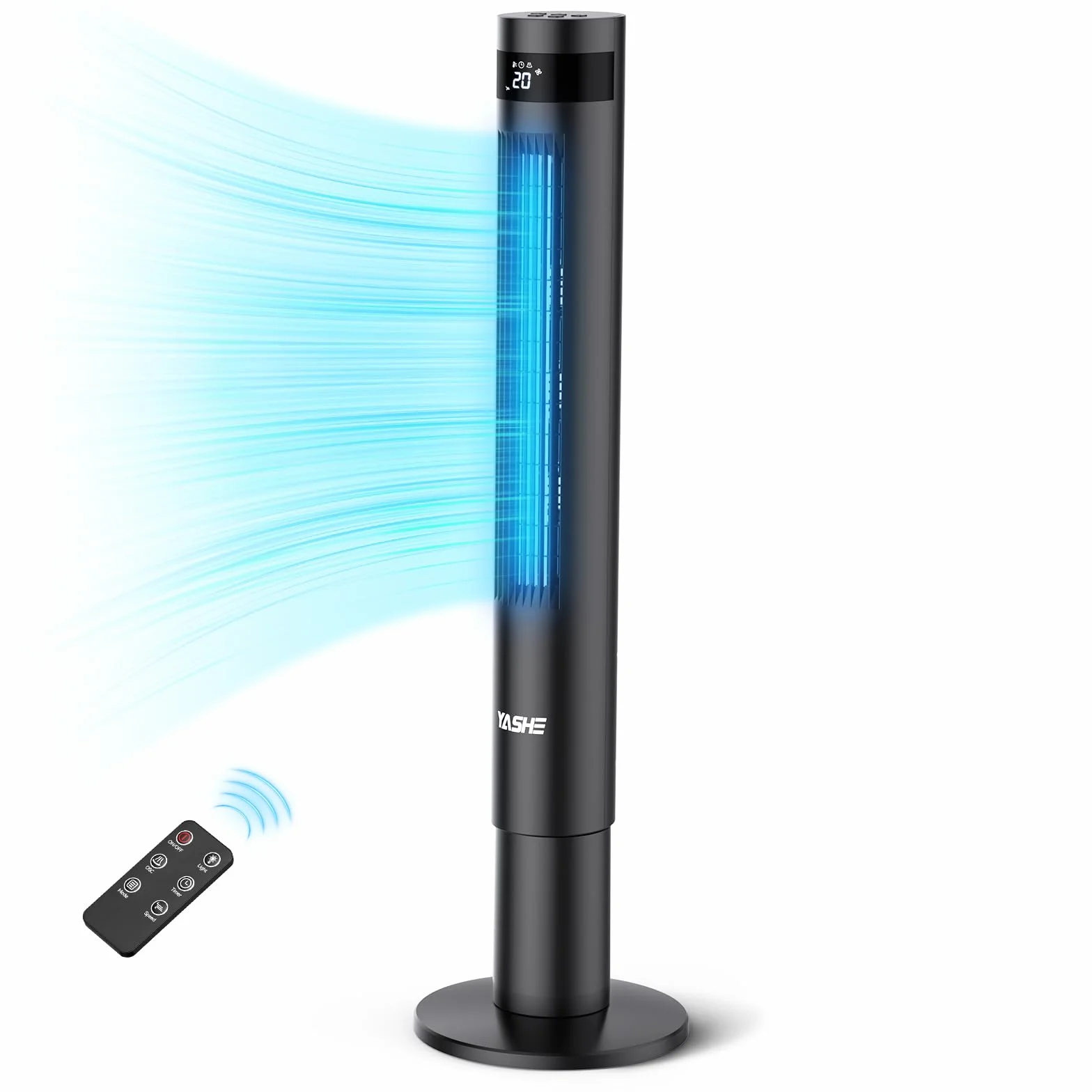 YASHE 43'' Ventilatore a Torre, 85° Oscillazione Ventilatore Senza Pale, 28dB Ventilatore a Torre Silenzioso, 3 Velocità 3 Modalità di Ventilazione, Ventilatore a Colonna con Telecomando
