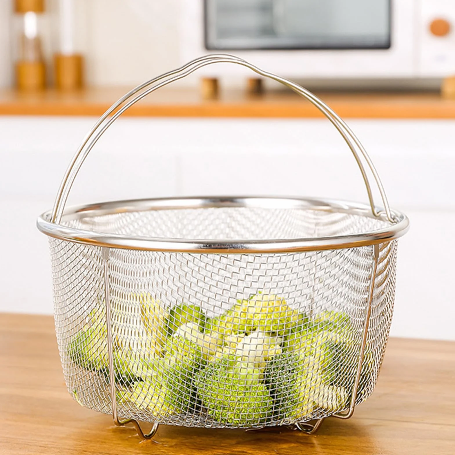 Cestello per Cottura a Vapore in Rete, Ø 20 cm Cestello per Colino in Rete con Manici Pieghevoli in Acciaio Inox, Cestello Verdura Risciacquo Drenante per Verdure e Alimenti, Lavabile in Lavastoviglie