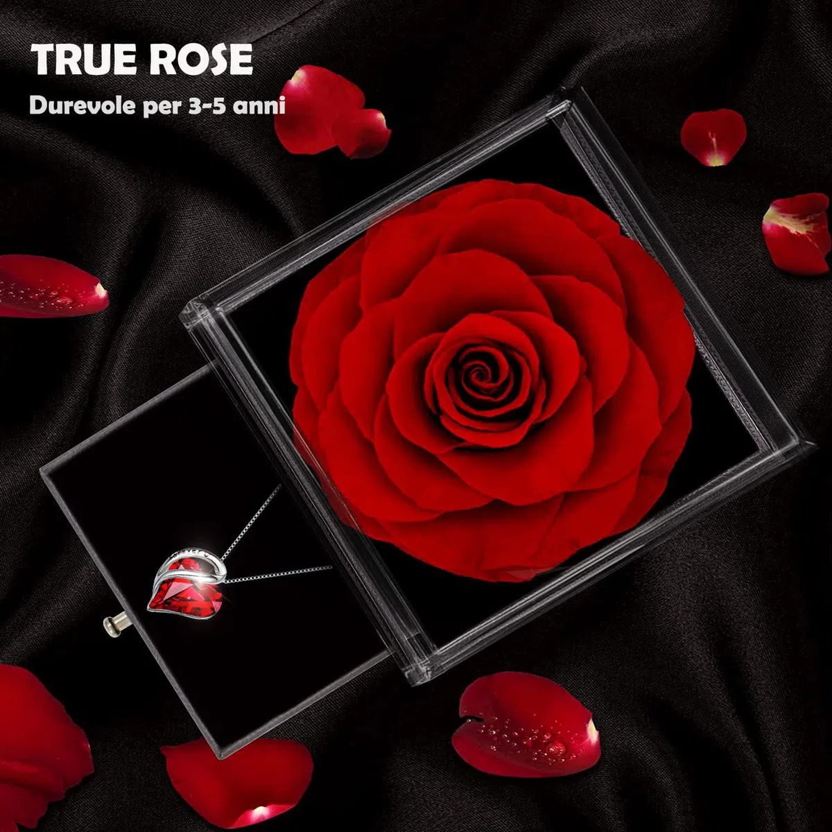 Rosa Eterna con Collana,Rosa Stabilizzata Vera con Ciondolo Rubino Argento 925 Donna，Eternal Rose Confezione Regalo,Regalo per La Festa Della Mamma,San Valentino Anniversario Matrimonio per Lei