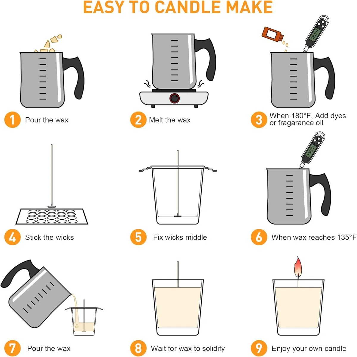 Kit per la realizzazione di candele Ohcans, forniture per la creazione fai da te con cera di soia per adulti, con 900ml di bollitore, cera di soia, stoppini, termometro