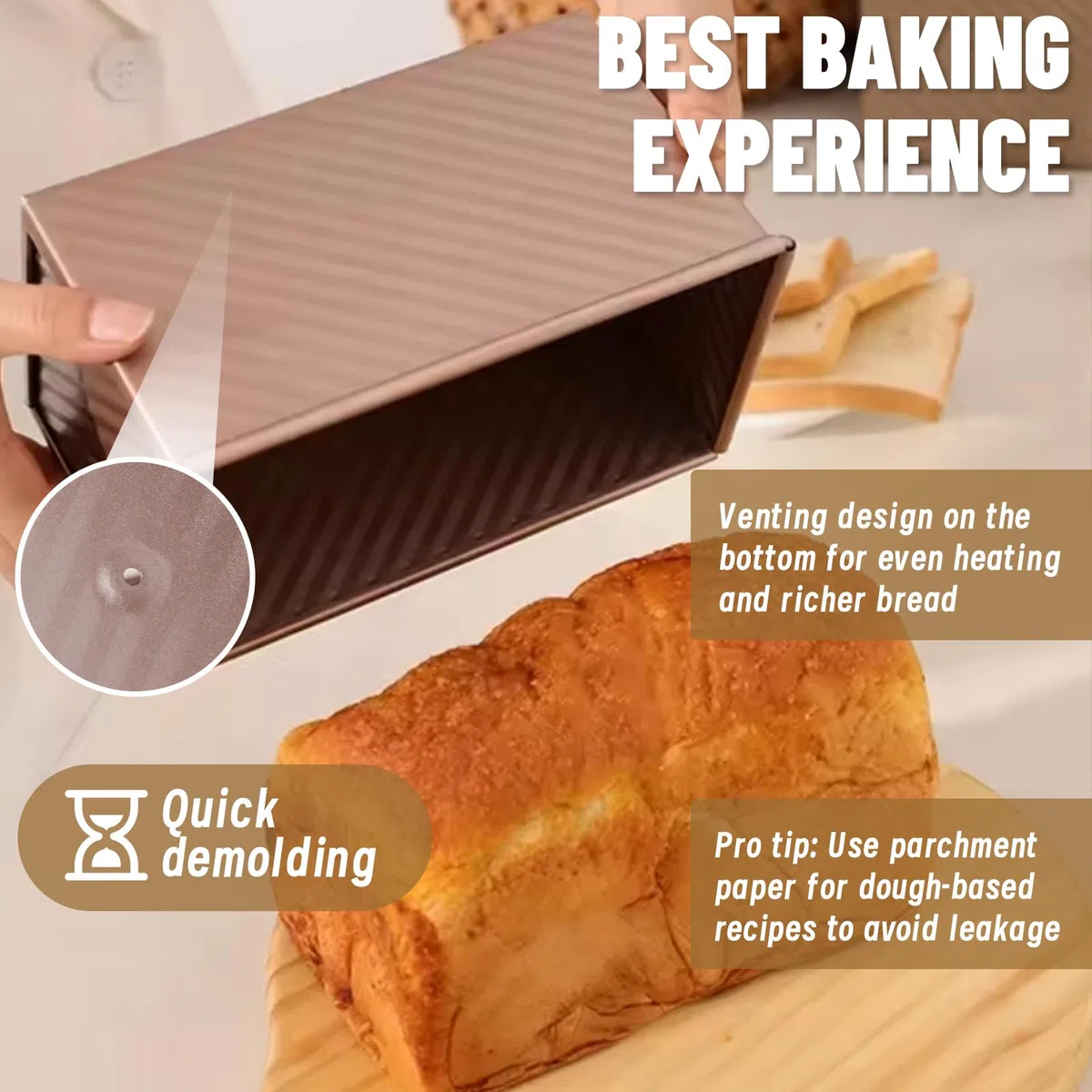 Stampo Per Pane in Cassetta con Coperchio, 21 x 12 x 11,5 CM Stampo Per Pane Toast Ondulato, Antiaderente Stampi per Plumcake 450g Pasta, Stampi Pane Acciaio al Carbonio, Oro Rosa