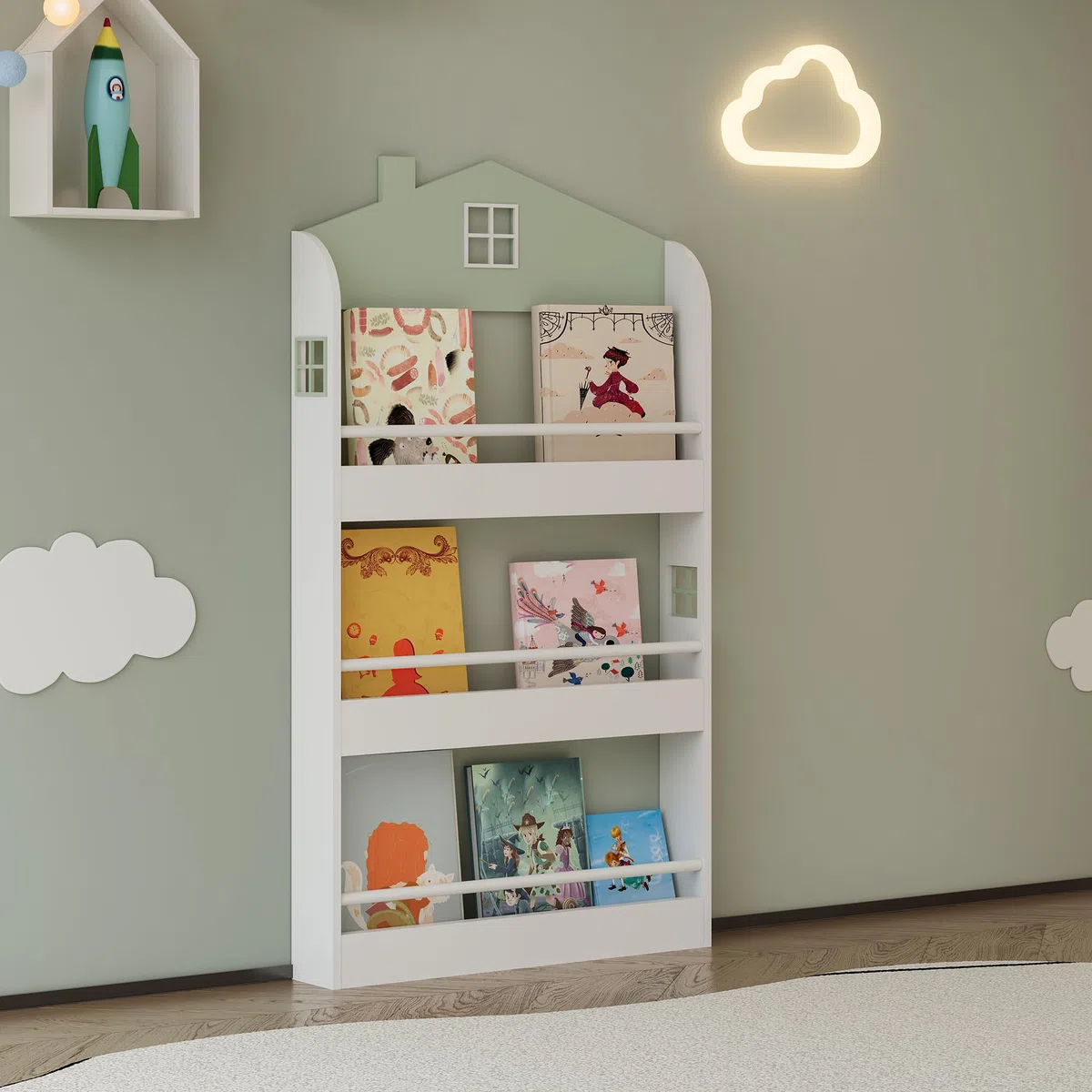 [en.casa] Libreria Frontale per Bambini Scaffale per Cameretta Design a Casetta con Barre Anticaduta Montaggio a Parete o a Terra 106x60x12 cm Menta Verde/Bianco