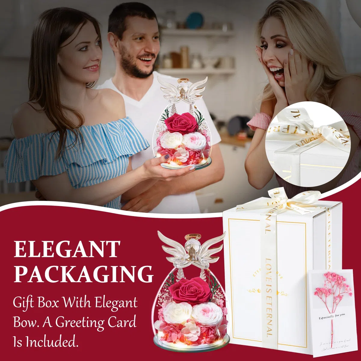 Touloube Festa della Mamma Rosa Stabilizzata Vera Regalo, Regalo Rosa Eterna con Angelo e Luci LED, Regalo Compleanno Anniversario San Valentino per Fidanzata, Moglie, Mamma, Donna, Madre, Nonna