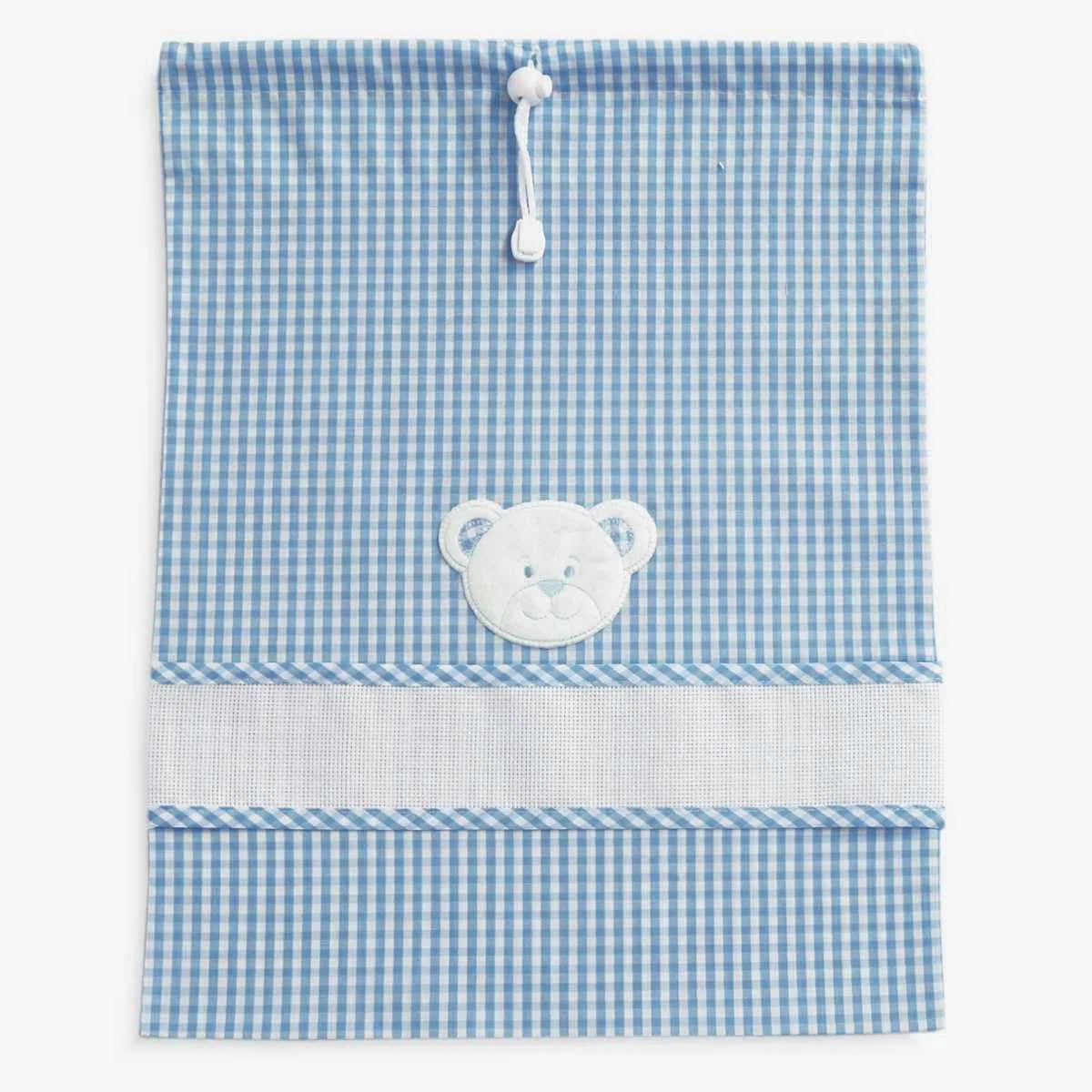 Set asilo da ricamare a punto croce, tre pezzi, sacchetto salvietta e bavaglia, Coordinato asilo in spugna bianca con tela aida, punto croce, fantasia quadretto con viso di orsetto (274 Azzurro)