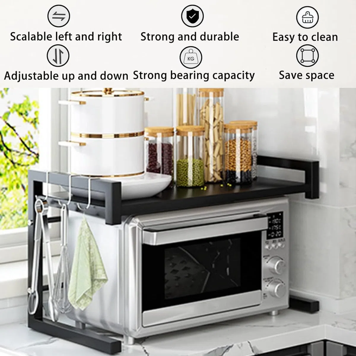 Scaffale espandibile per forno a microonde a 2 ripiani, regolabile in altezza e lunghezza, organizer da cucina, nero (L15. 7-23. 6 x W14. 7 x H 18. 1)