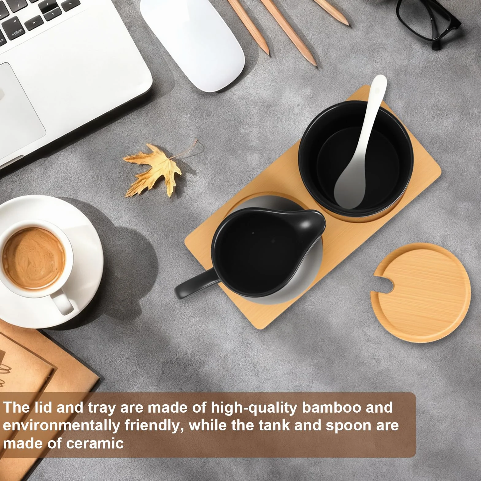 Set di latte e zucchero con coperchio e cucchiaio, bricco per il latte in ceramica nera e zuccheriera con vassoio in legno, per il latte, lavabile in lavastoviglie e adatto al microonde