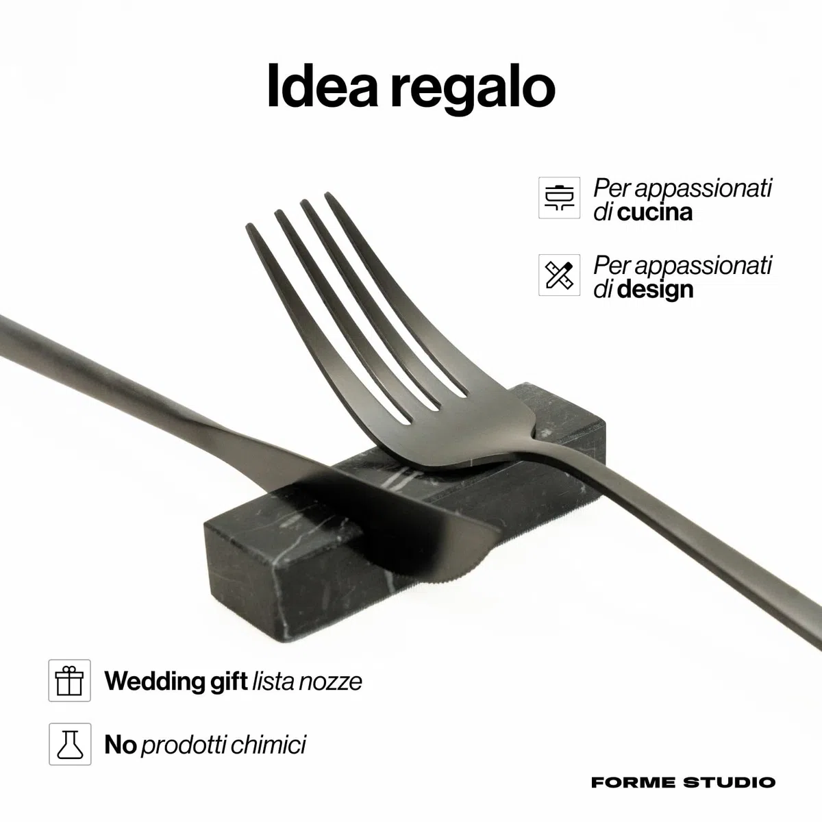 FORME STUDIO Poggia Posate in Marmo Nero Marquina – Set 4 Pezzi Artigianali Made in Italy – Accessori tavola Eleganti – Design Minimal e materico – Idea Regalo raffinata