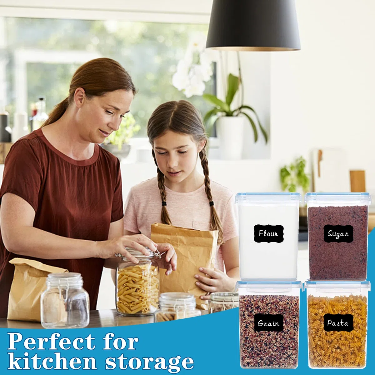 5.2L Contenitori Alimentari per Cereali 4 Pezzi, Contenitori Ermetici per Alimenti Cucina Plastica con Coperchio, Barattoli Ermetici per Alimenti, Porta Pasta, Contenitori Cereali per Muesli,Farina