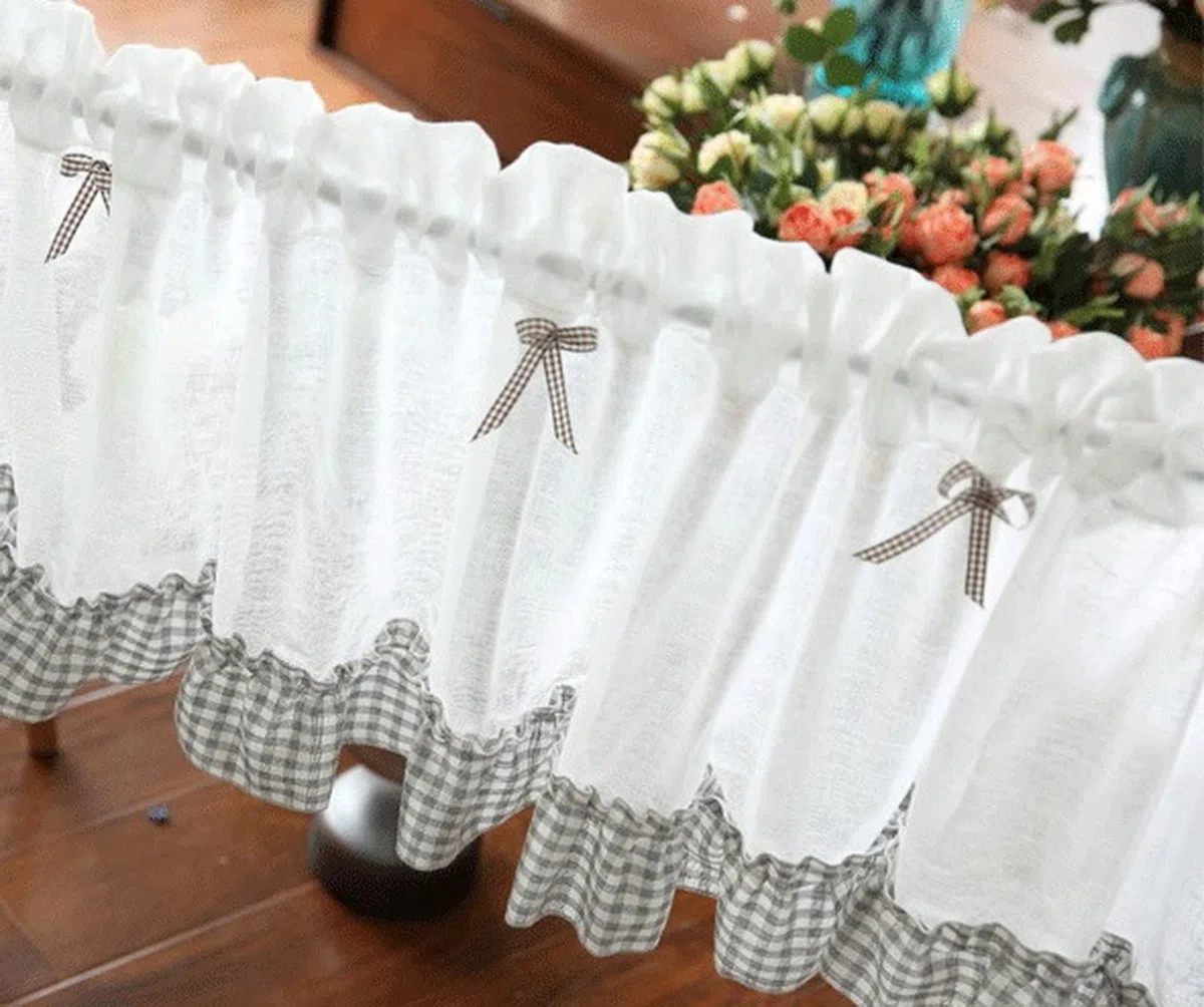 A.Monamour Tenda Corta per Finestra Piccola Tenda In Voile Trasparente Con Fiocco Balze A Quadri Grigio Tendina Cucina Bistrot Caffè Mezza Tenda Mantovana Tenda a Vetro Tenda a Pannello Tenda Porta