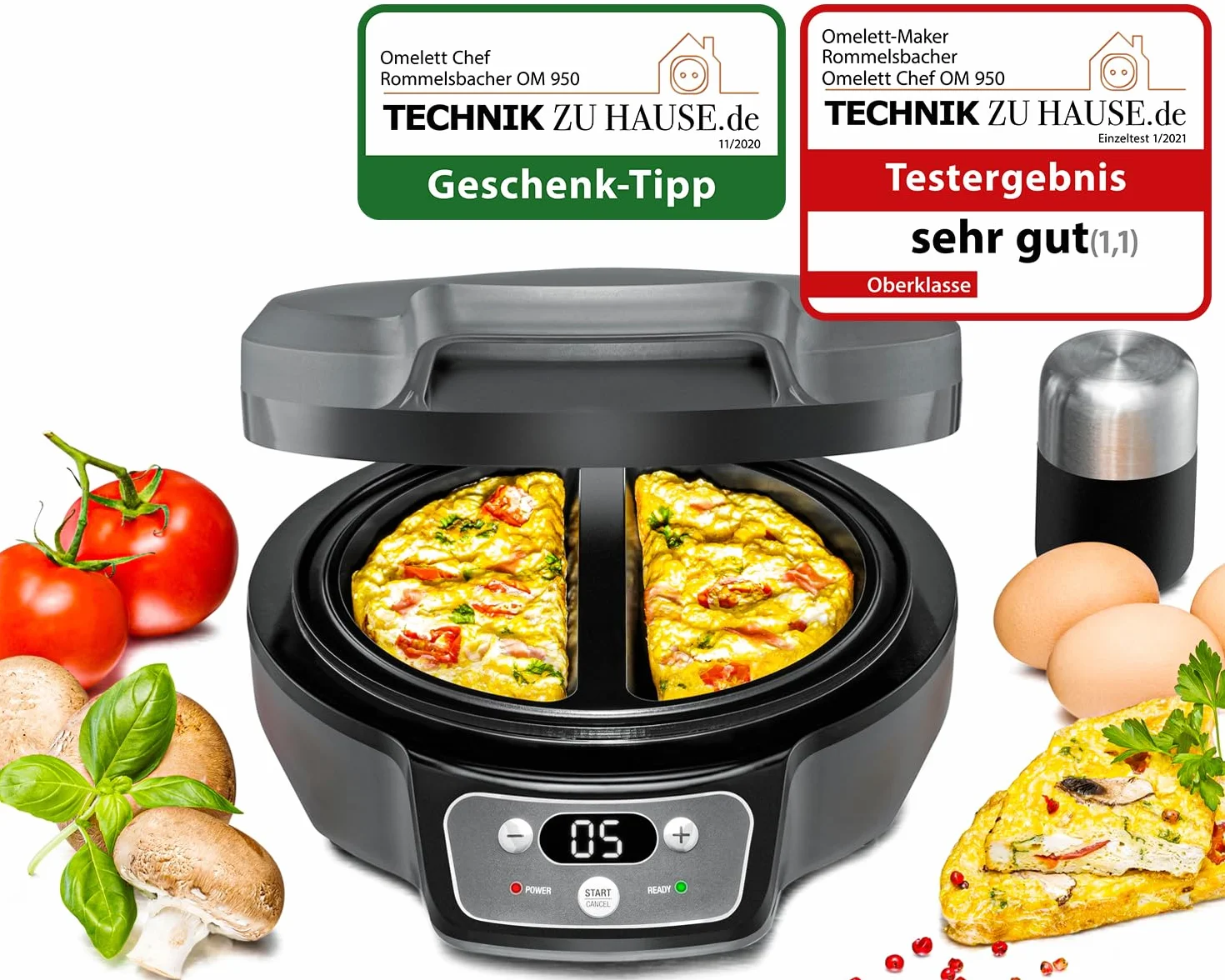 ROMMELSBACHER Omelett Chef OM 950 - Custodia Cool Touch per 2 omelette, rivestimento antiaderente, timer da 20 minuti, display LED, spie di controllo, grondaia, 950 Watt