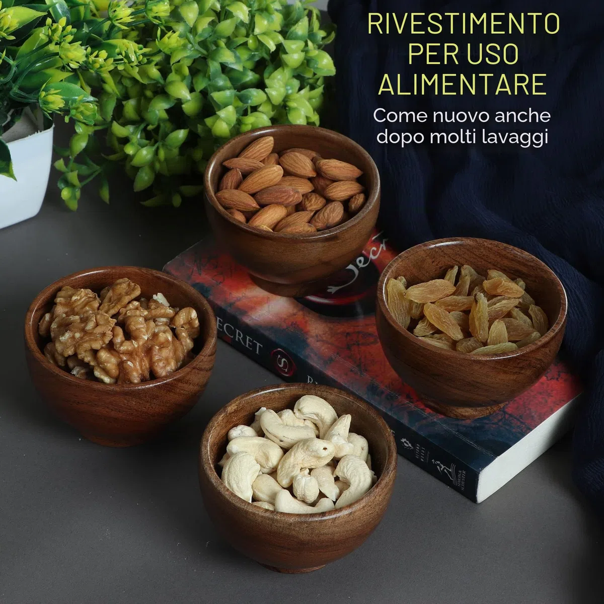 Set di 6 ciotole piccole in legno di acacia | 120 ml ciascuno | Tazze da cucina in legno per servire salse, salse, noci, caramelle e condimenti | Mini tazze carine | 13x5 cm